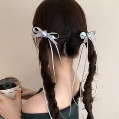 バレエ風の銀色の花の蝶結びのリボンのヘアピンの女性の後頭部の双馬尾編みの髪飾りの小さいクリップの髪飾り