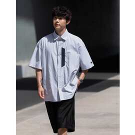 美式学院风个性撞色条纹插兜短袖翻领衬衫夏季男休闲情侣半袖衬衣