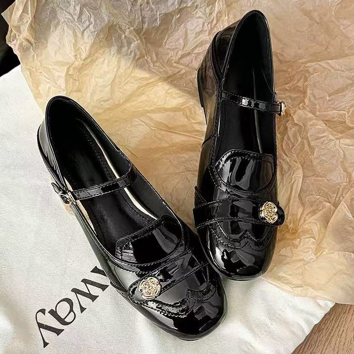 Sheepskin Version ~ French New Black Camellia Loaf Mary Jane Shoes for Women with Increased Height, Round Toe, One-Strap Flats