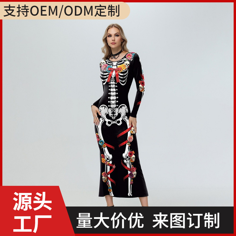 Mexican Day of the Dead Skeleton Fish Tail Dress with Long Sleeves and Floral Bow Print Mexican Day of the Dead Skeleton Fish Tail Dress with Long Sleeves and Floral Bow Print