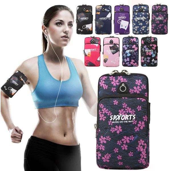 Foreign Trade New Sports Mobile Phone Bag Hot-Selling Printed Nylon Mobile Phone Bag Headphone Hole Outdoor Fashion Running Arm Bag