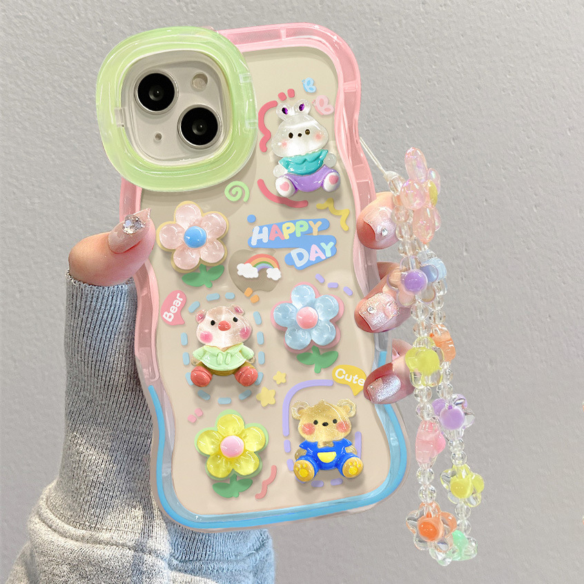 双支架适用iphone16苹果手机壳13立体小熊花公朵仔15pro链条12女x