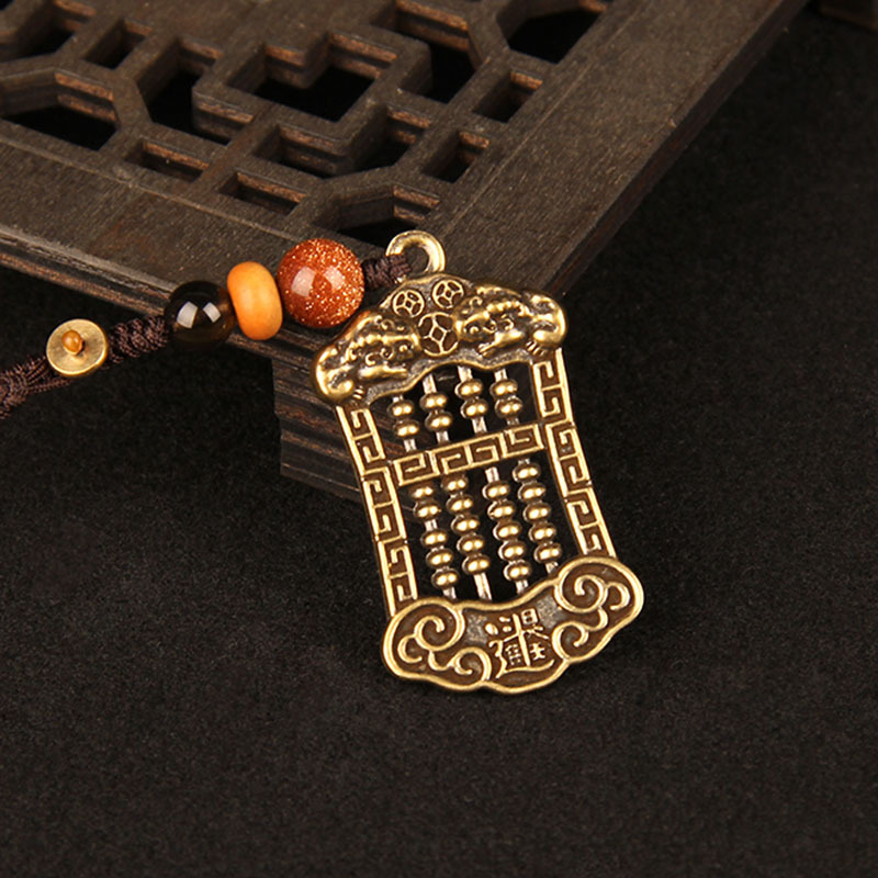 Copper Qilin Abacus Keychain, Fortune Bringing Pendant with One Leaf, Gold Toad Five Emperors Coin Keychain, Vintage Brass Decor