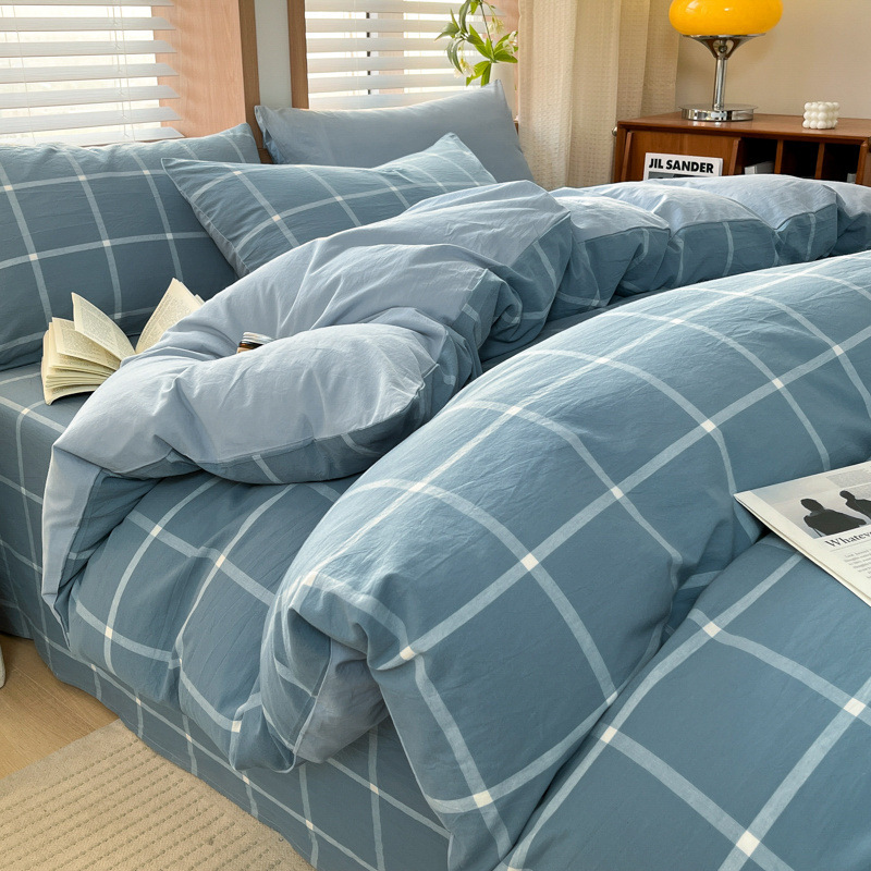 Juego de cuatro piezas de algodón lavado teñido en hilo para estudiantes 2025 nuevo juego de sábanas de edredón de dormitorio de estudiantes de tres piezas