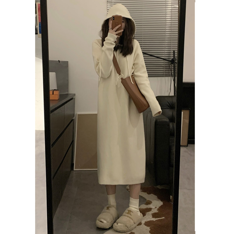 Hooded sweatshirt knit dress for women, suitable for spring and autumn, for petite figures, loose-fitting, slimming, long sweater dress Hooded sweatshirt knit dress for women, suitable for spring and autumn, for petite figures, loose-fitting, slimming, long sweater dress
