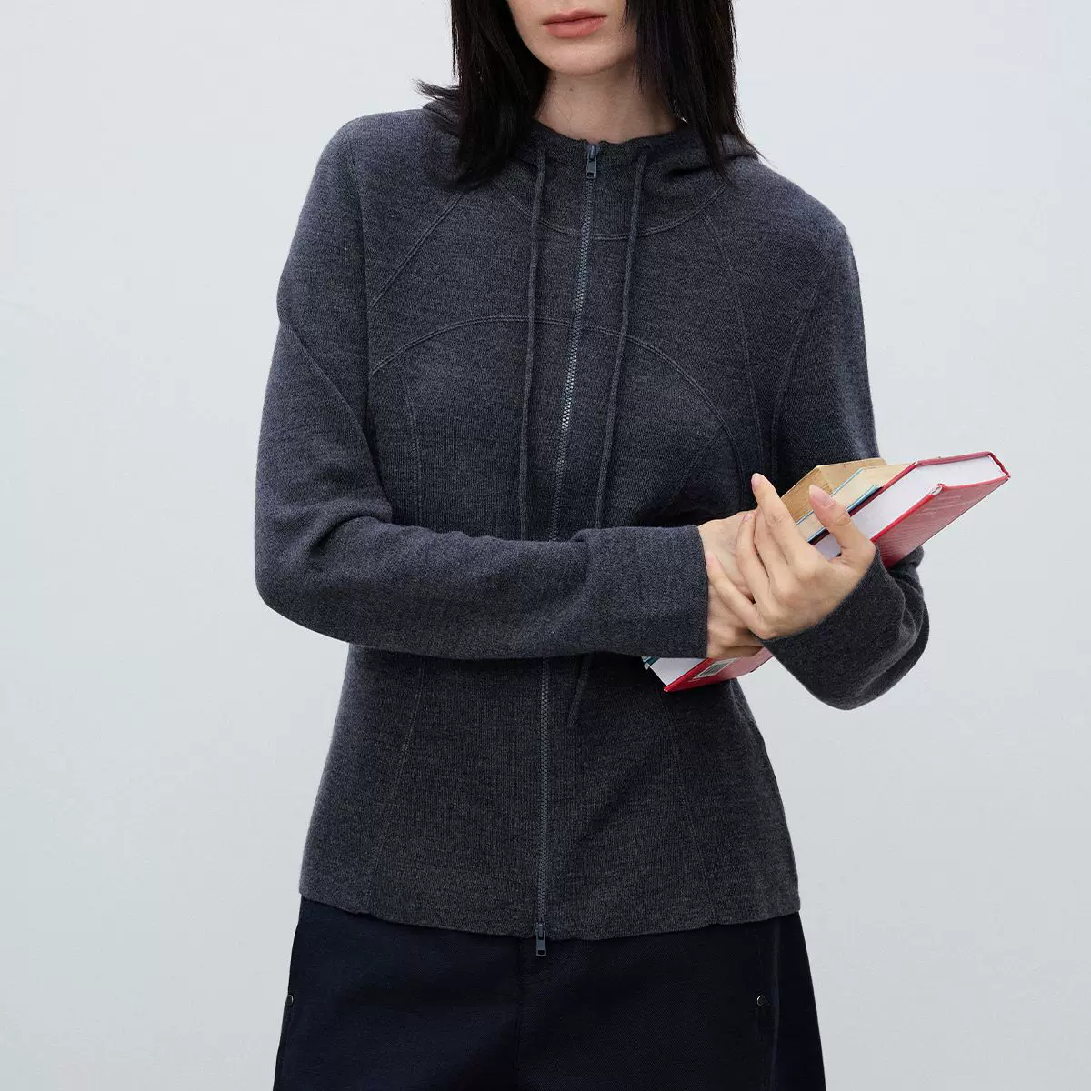 100%绵羊毛针织连帽羊毛衫女长袖秋季外套修身显瘦拉链开衫上衣