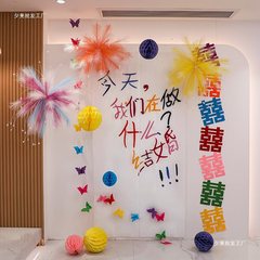 婚房布置多巴胺订婚结婚挂布芦苇烟花条幅卧室晨袍拍照背景装饰