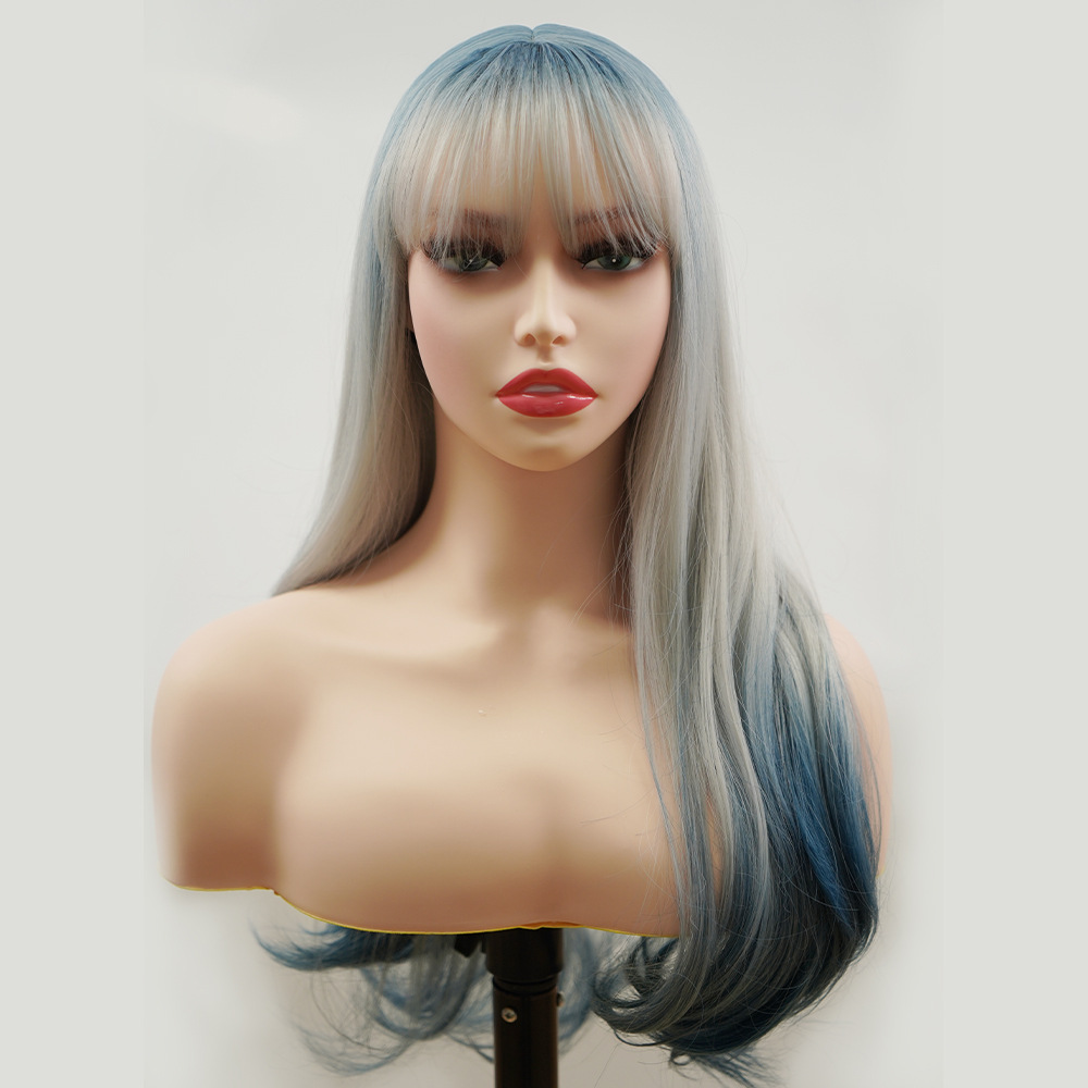 Venta al por mayor peluca de fibra química transfronteriza cubierta de cabeza completa para mujer color degradado pelo largo y rizado aire flequillo completo cubierta de peluca de pelo artificial_voghion.com