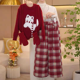 女童毛衣冬季2025新款儿童洋气新年针织衫冬装女孩加绒格子裤套装