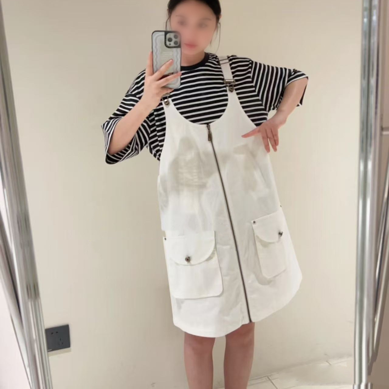 现货2025新款气质工装拉链大口袋甜酷背带连衣裙百搭工装短款裙子