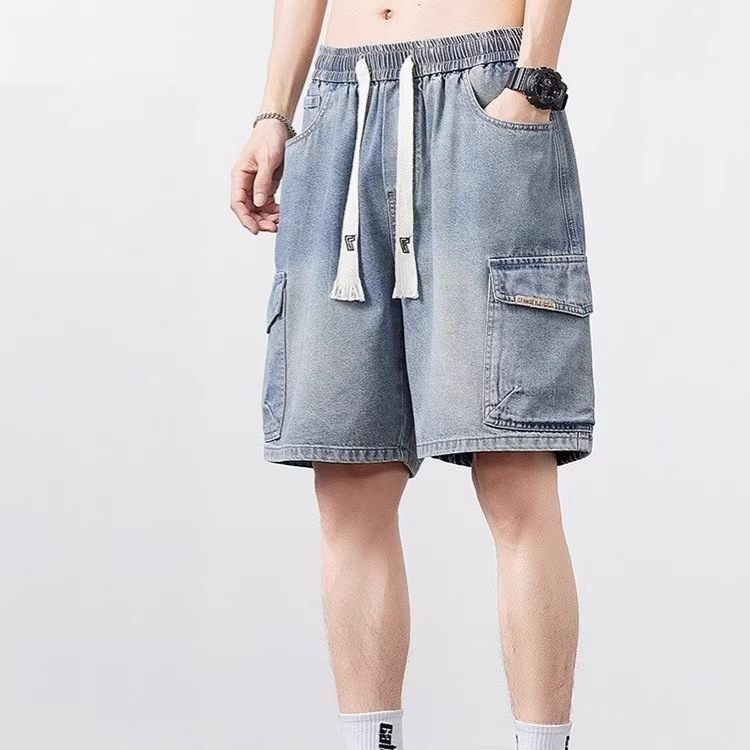 Retro pocket design men's jeans, summer thin straight leg loose wide leg comfortable casual elastic waist five-point pants