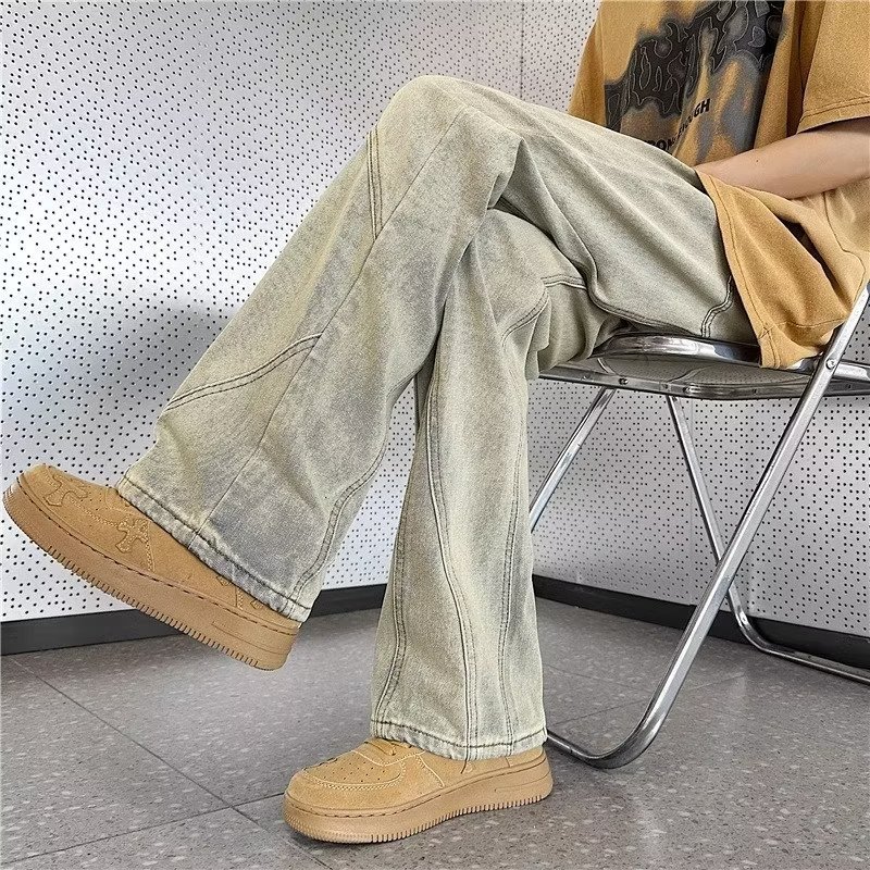 Pantalones retro estadounidenses, jeans teñidos de barro amarillo lavados de la marca de moda de la calle alta, jeans rectos delgados para hombres