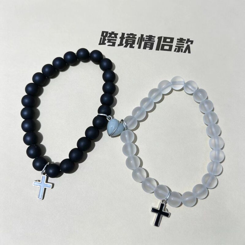 Cross-border black frosted glass bead bracelet with luminous heart-shaped magnetic clasp, romantic cross set gift for couples