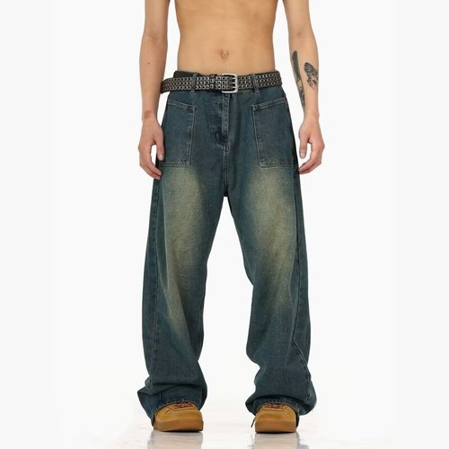 Retro blue straight-leg slimming jeans with high-waist loose design, earthy yellow mud rinse, distressed American-style wide-leg pants