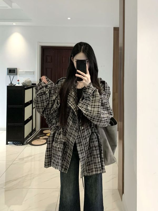 韩版宽松复古格子外套女2025春秋季新款慵懒风工装开衫上衣高级感|undefined