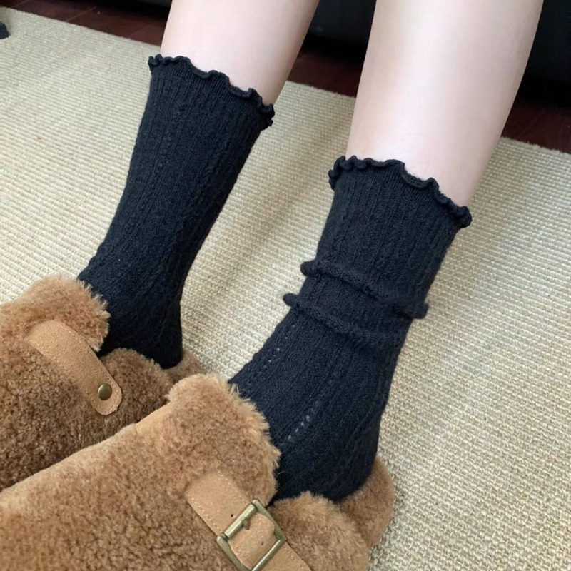 木耳花边堆堆袜子女秋冬白色日系芭蕾风蕾丝中筒袜配玛丽珍小皮鞋|undefined