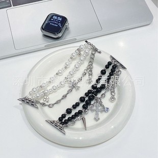 Suitable for Apple Metal Crow Heart Pearl Double Chain Strap Apple Watchs10/9/8/Se/7/654321