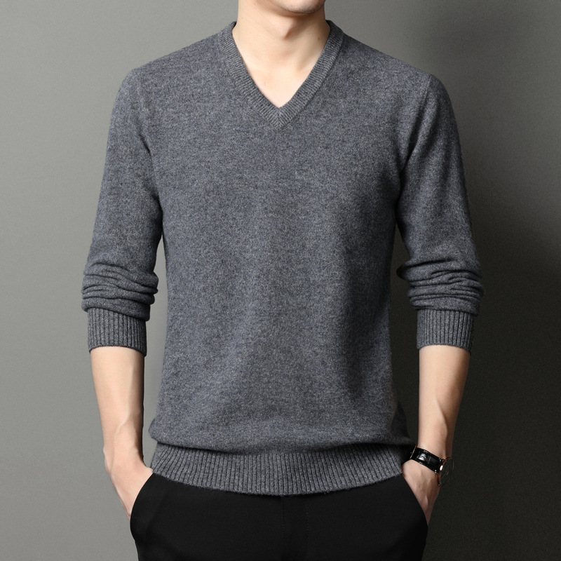 Woolen sweater men's pure wool high-end young and middle-aged men's winter thickened V-neck sweater bottoming warm sweater