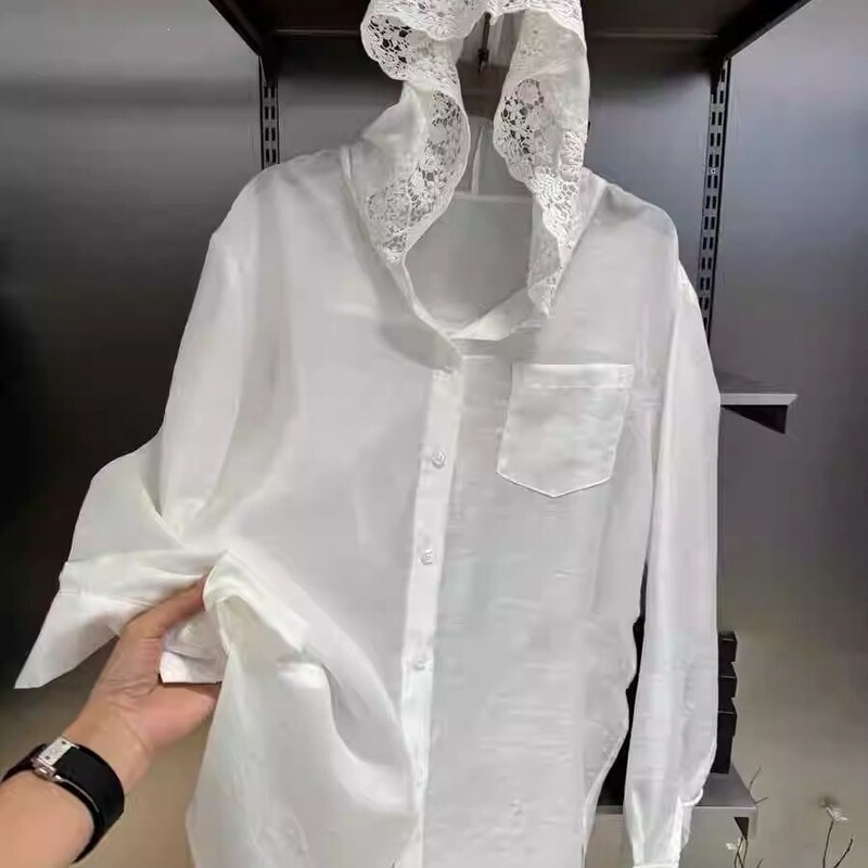 Fashionable Clothes for Women, White Lace Shirt, Hooded Shirt, Sun Protection Thin Long-Sleeved Loose Jacket Top