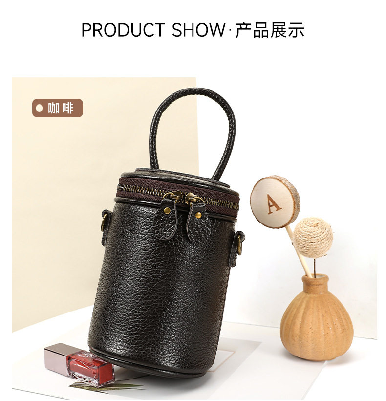 Túi xô tròn da thật nữ đeo vai xách tay đeo chéo phong cách retro cỡ trung — Cà phê, màu xám, màu đen chi tiết 15