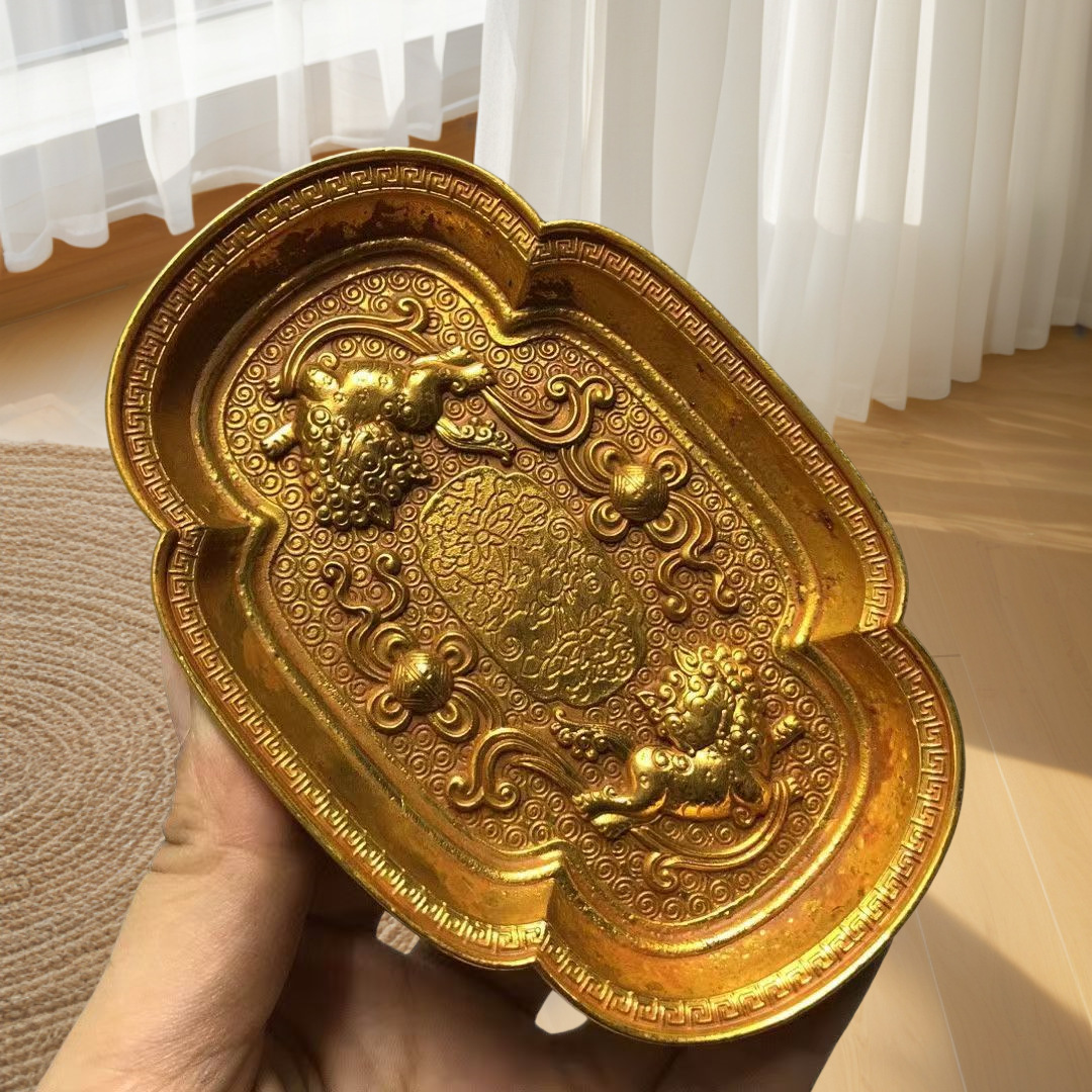 古玩大唐贞观金器莲花碟唐代皇宫黄金盘托垫摆件铜鎏金双狮麒麟