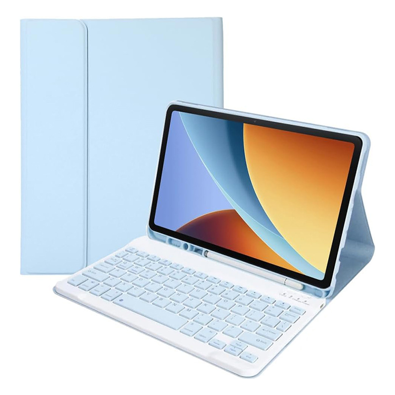 Funda de cuero azul cielo + teclado Bluetooth