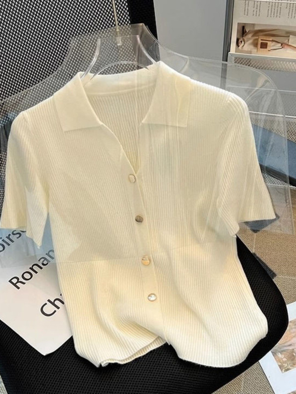 polo领正肩针织短袖t恤女翻领夏季2025显瘦薄款小衫百搭开衫上衣|undefined