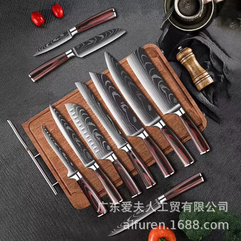 外贸跨境大马士革激光纹厨师刀水果刀不锈钢刀具套装日式刀三德刀