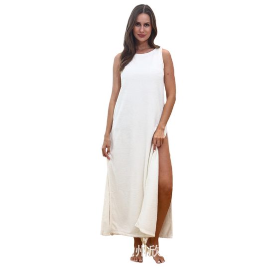 Sling Nightgown New European and American Style Elegant Round Neck Sleeveless Vest Solid Color Sexy Split Nightgown Summer Pajamas