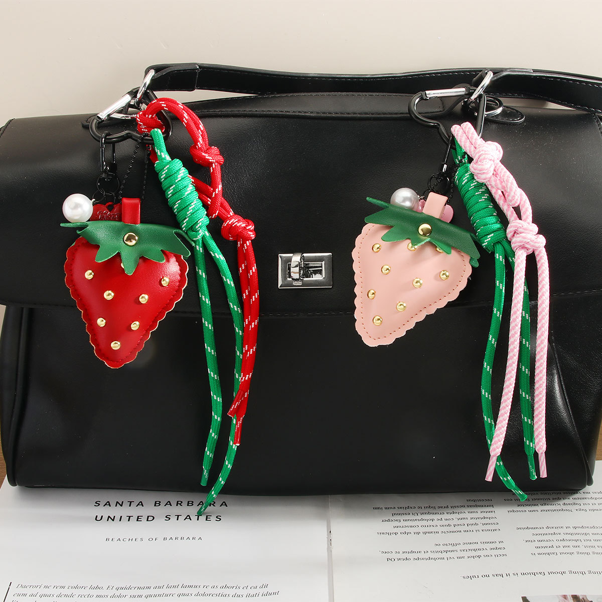 MIU Style Cute Leather Strawberry Hanging Keychain Woven Rope Love Phone Chain Bag Pendant High-end Sense