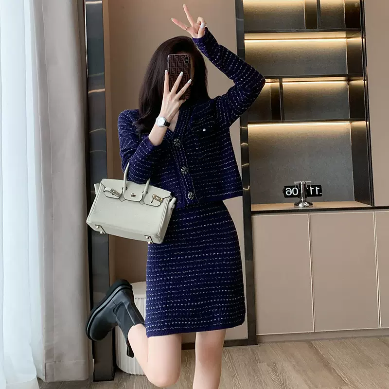 小香风针织套装裙两件套秋冬新款气质时尚休闲套装女上衣开衫外套