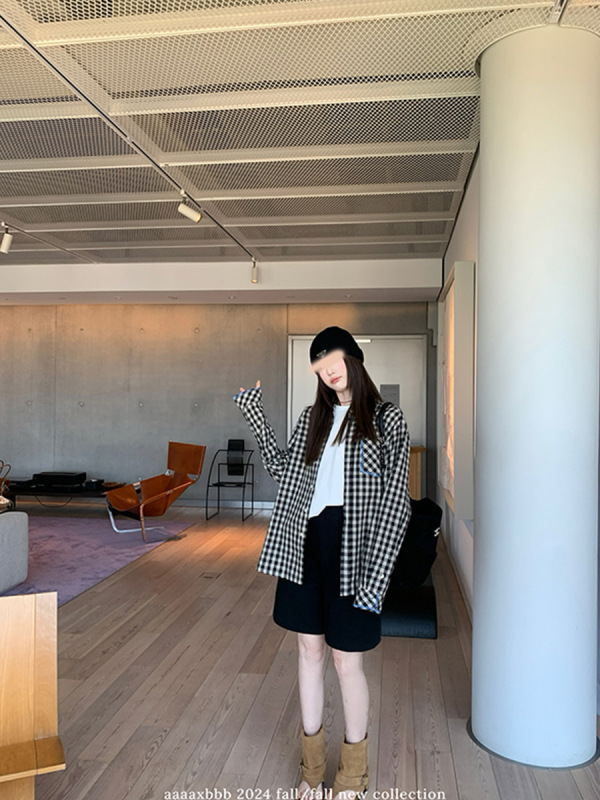 aaaaxbbb 诺尔赫斯港口 刺绣印花黑白衬衫格子条纹衬衣棉麻上衣女|undefined