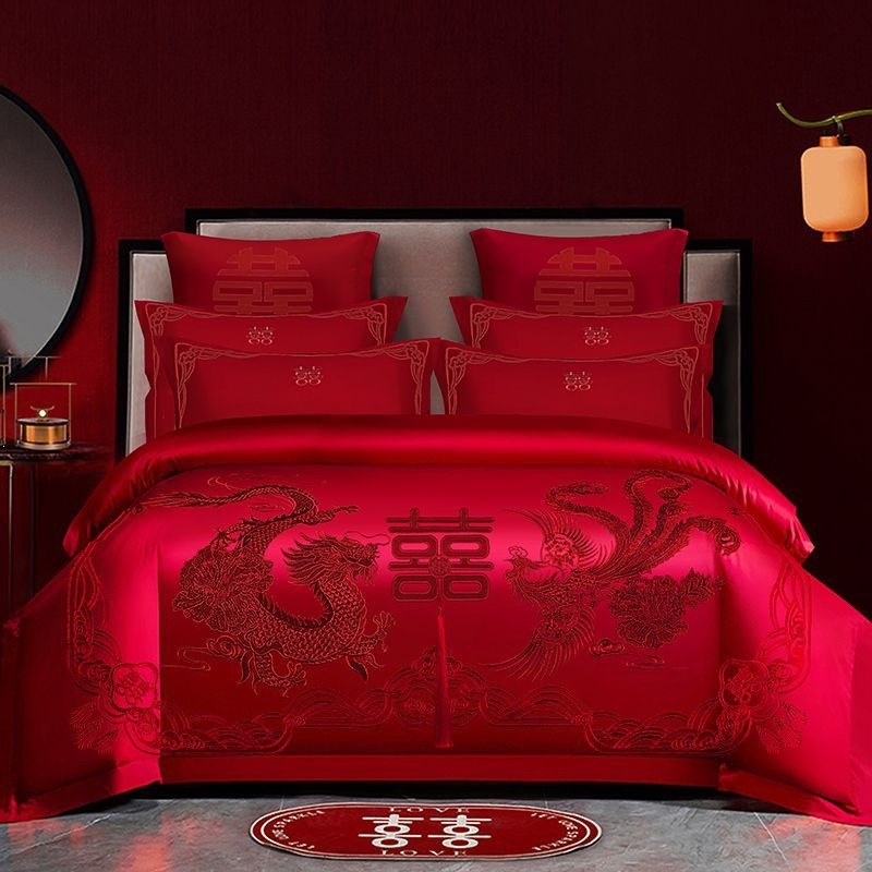 Cuatro piezas de boda china dragón-fénix bordado sábanas de boda rojas casa de boda colcha de cama image 30