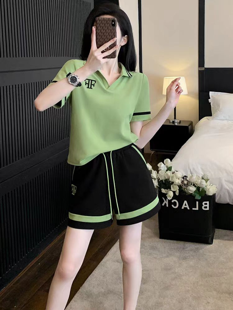 Z68번 # (6535 코튼) 여성용 캐주얼 스포츠 반팔 반바지 정장 2024 여름 신작 루즈 투피스 세트