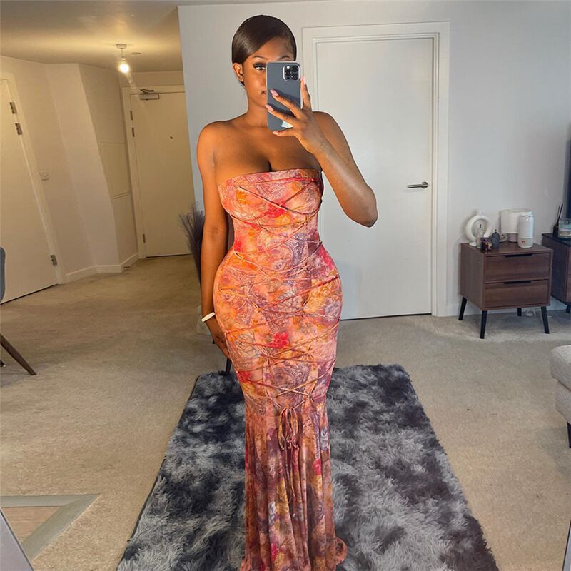 Cross-border European and American Women's 2024 New 3D Printed Tube Top Dress Sexy Backless Strap Slim-fit Fishtail dress