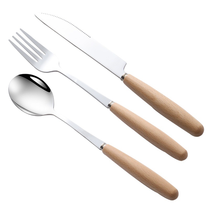 Japanese Style Wooden Handle Stainless Steel Knife and Fork Spoon Western Food Steak Knife Solid Wood Stainless Steel Tableware Soup Spoon Fruit Dessert Fork