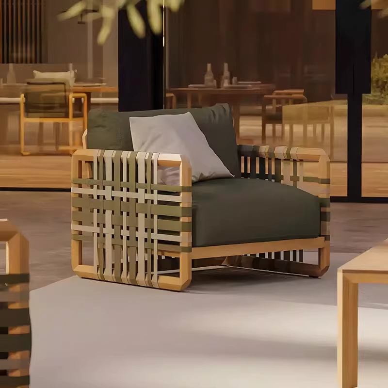 Sofá de madera maciza al aire libre terraza villa de caña silla de ocio combinación mesa de té al aire libre jardín patio muebles de casa modelo