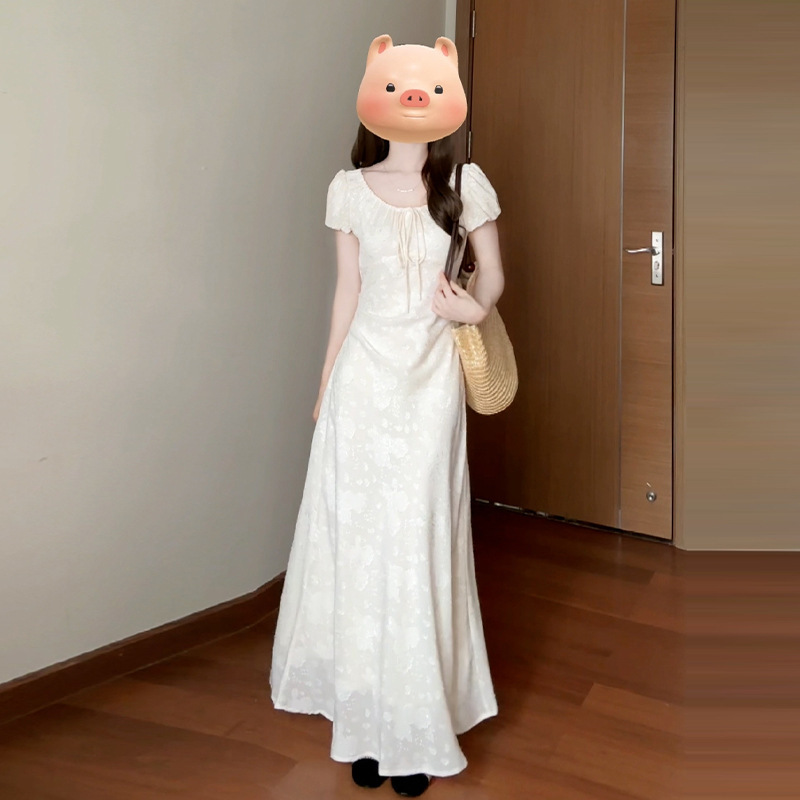 フレンチホワイト花柄ドレスレディース2025年夏新作小柄で美しい気質のロングドレス|undefined