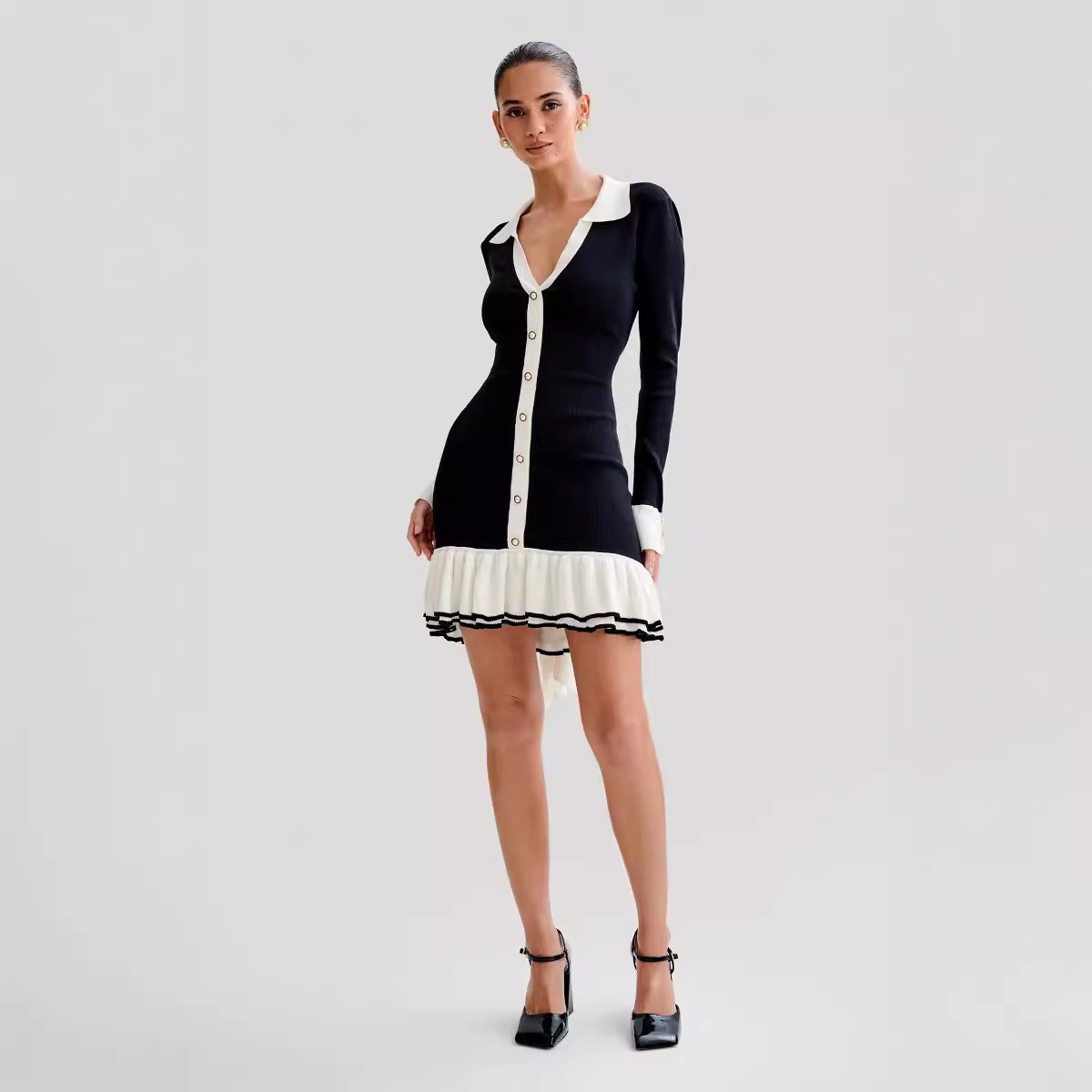 Women's Clothing bow tie ruffle knitted skirt sleeve pearl button small dress_voghion.com
