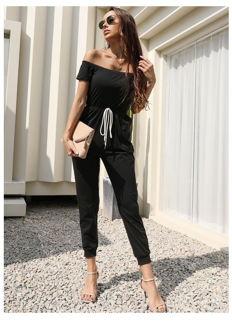 summer new one-shoulder strapless short-sleeved lace-up solid color jumpsuit NSYYF61465