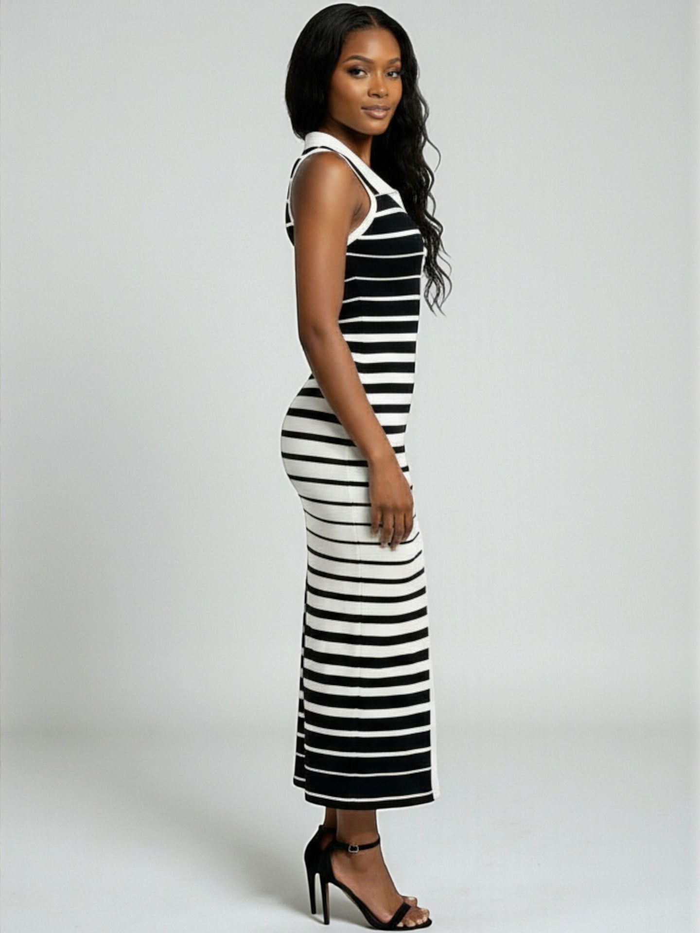 2026 Summer Women's African-Style Knit Dress With Black-White Gradient Stripes-Wholesale_ecoleips.com