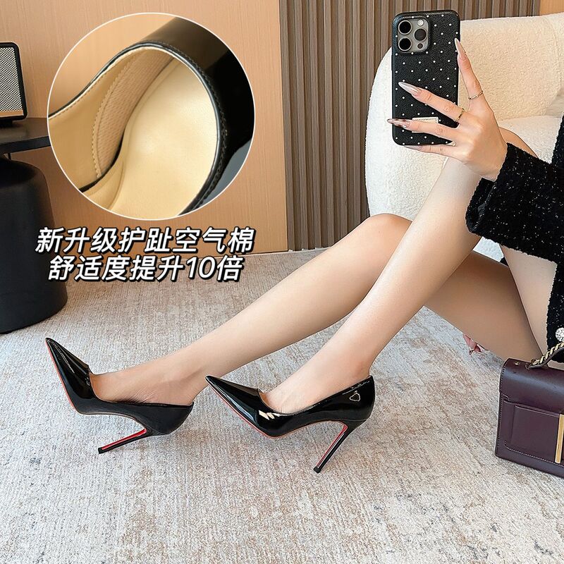 25D1 Built-In Toe Protection Air Cotton ~ Black Pointed Toe Stiletto High Heels for Women 2025 New Patent Leather Elegant Shoes