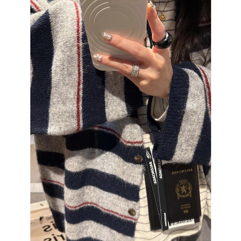 Alpaca Wool Autumn and Winter Simple and Casual Loose Mid-Length Striped Knit Cardigan Sweater Coat for Women Alpaca Wool Autumn and Winter Simple and Casual Loose Mid-Length Striped Knit Cardigan Sweater Coat for Women