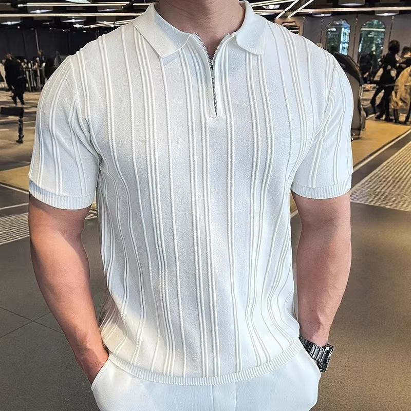 2026 Summer New Style Half-Zip Short-Sleeve Men's Shirt, Solid Color, Slim Fit, Fashionable, Versatile, Non-Iron, Turn-Down Collar Knit Shirt Wholesale