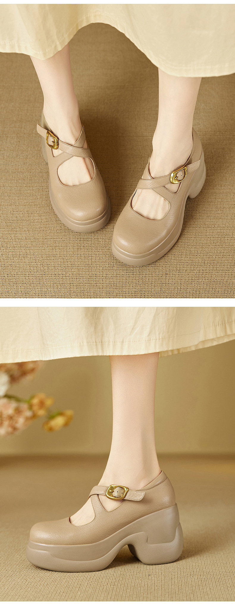 Giày cao gót Mary Jane nữ mũi tròn da cừu khóa chéo gót 9 cm — đen chi tiết 5