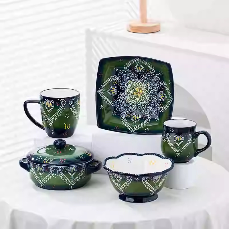 Middle Eastern Cross-Border Wholesale Ceramic Soup Bowls with Lids, Deep Bowls, Deep Plates, Cups, Niche High-Value Restaurant Bowls and Plates, Ceramic Tableware