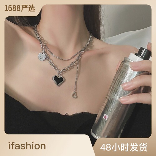 Titanium steel black mosaic pixel love heart pendant double layer stacked necklace ins cold style hip hop trendy necklace