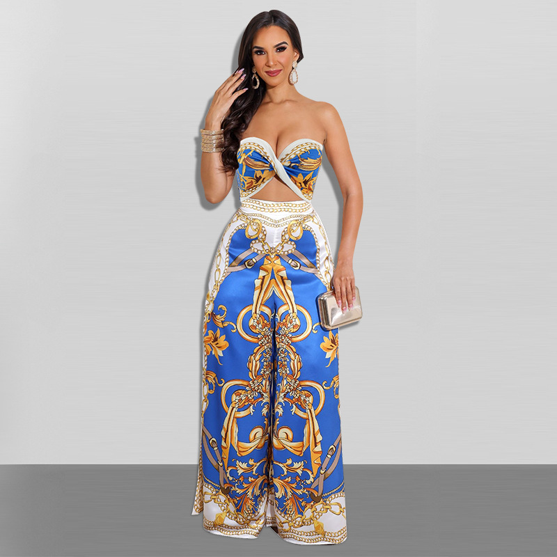 Print wrap chest Hollow backless lace-up wide-leg Jumpsuit NSFH126680