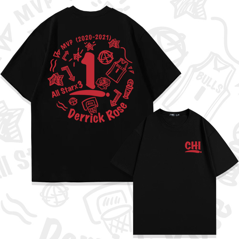 All-Star Basketball Rose Rose No. 1 Pure Cotton Short-Sleeved T-Shirt Men's Summer Trendy Brand Loose Off-Shoulder Half-Sleeved Tops