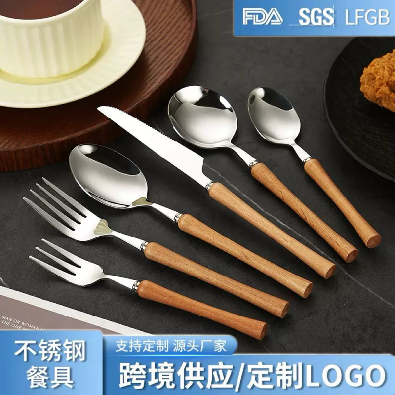 日本製ブナ材ハンドル 304 ステンレス鋼のナイフ、フォーク、スプーン洋食食器セットステンレス鋼のステーキナイフ、フォーク、デザートスプーン|undefined